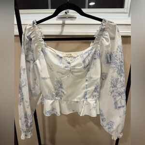 Simple retro White and Blue Patterned Blouse